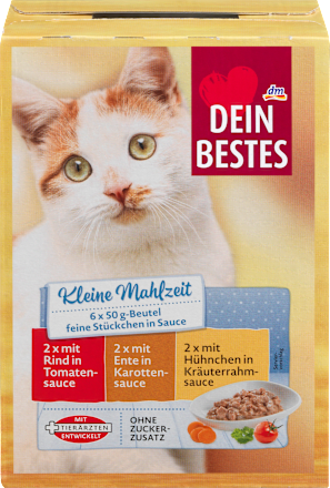 Nassfutter Katze mit Huhn, Rind & Ente in Sauce, kleine Mahlzeit (6x50 g), 300 g