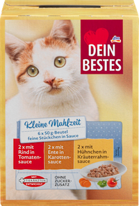 Nassfutter Katze mit Huhn, Rind & Ente in Sauce, kleine Mahlzeit (6x50 g), 300 g