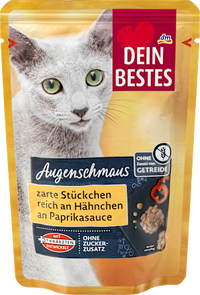 Nassfutter Katze reich an Hähnchen in Paprikasauce, Augenschmaus, 100 g Dein Bestes