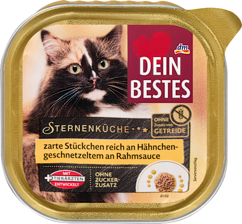 Nassfutter Katze reich an Hähnchengeschnetzeltem an feiner Rahmsoße, Sternenküche, 100 g