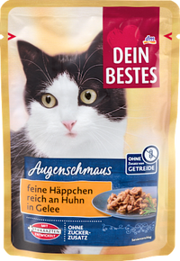Nassfutter Katze reich an Huhn, feine Häpppchen in Gelee, Augenschmaus, 85 g