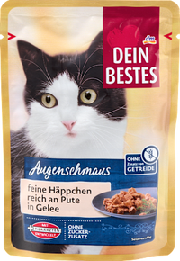 Nassfutter Katze reich an Pute, feine Häpppchen in Gelee, Augenschmaus, 85 g