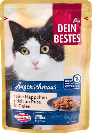 Nassfutter Katze reich an Pute, feine Häpppchen in Gelee, Augenschmaus, 85 g