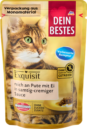 Nat kattenvoer rijk aan kalkoen met ei in saus, Exquisit, 85 g