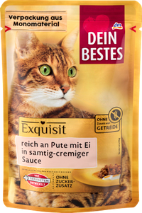 Nassfutter Katze, reich an Pute mit Ei in Sauce, Exquisit, 85 g
