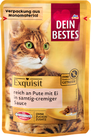 Nassfutter Katze, reich an Pute mit Ei in Sauce, Exquisit, 85 g