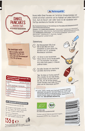 Backmischung Dinkel Pancakes mit Zartbitter-Schokostückchen, American Style, 135 g