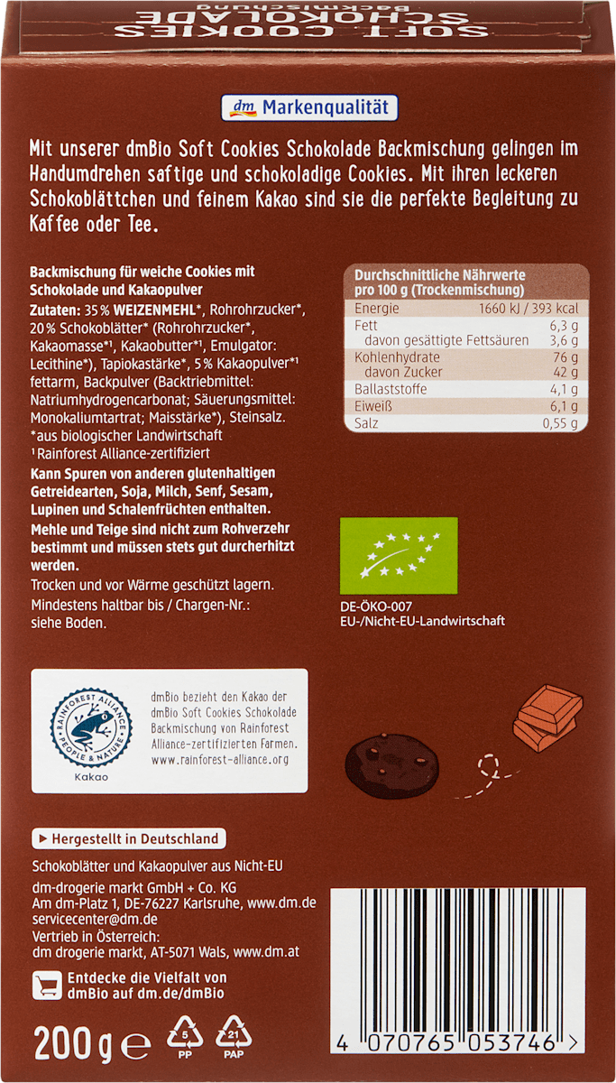 dmBio Backmischung, Soft Cookies Schokolade, 200 g