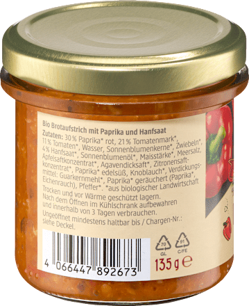 Brotaufstrich, Saatenaufstrich Paprika & Hanf, 135 g