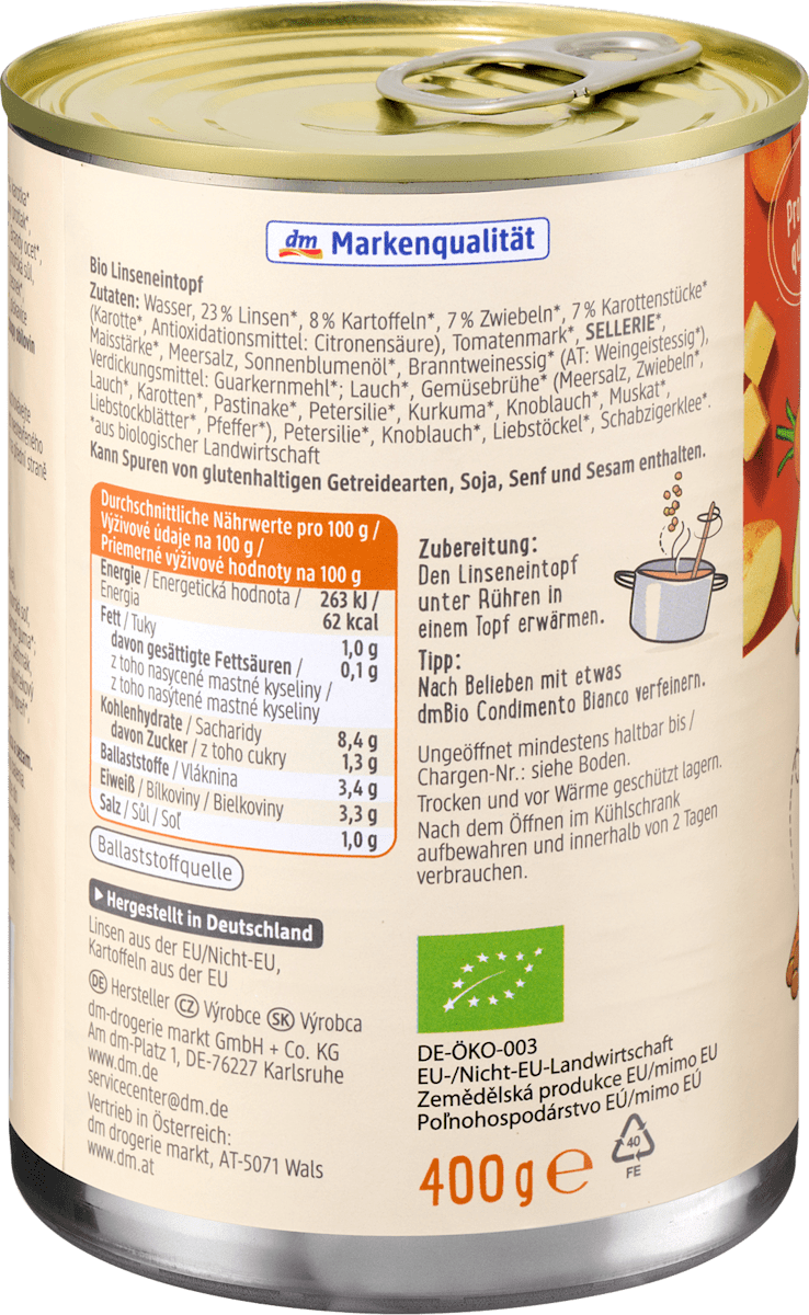 dmBio Eintopf, Linsen mit Kartoffeln, 400 g
