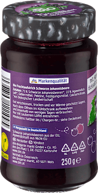 Fruchtaufstrich, Schwarze Johannisbeere 75% Frucht, 250 g