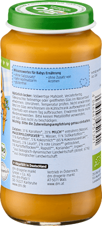 Gemüsesuppe Kinder Süßkartoffel & Gemüse mit Kokosmilch ab 12 Monaten, 250 g