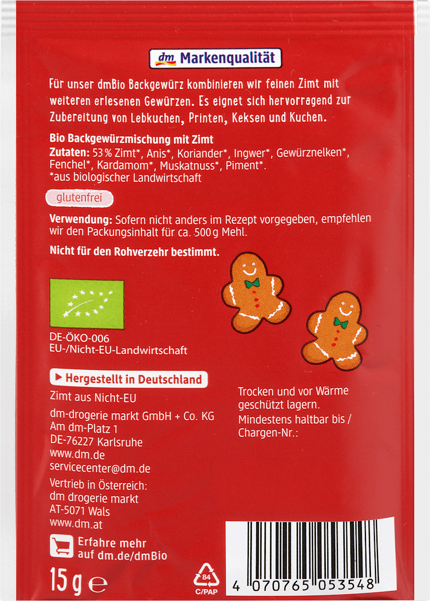 dmBio Gewürzmischung, Backgewürz mit Zimt, 15 g