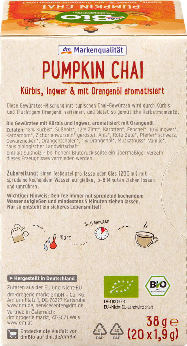 dmBio Infusion, Pumpkin Chai à la citrouille, au gingembre & à l'huile d'orange (20 sachets), 38 g