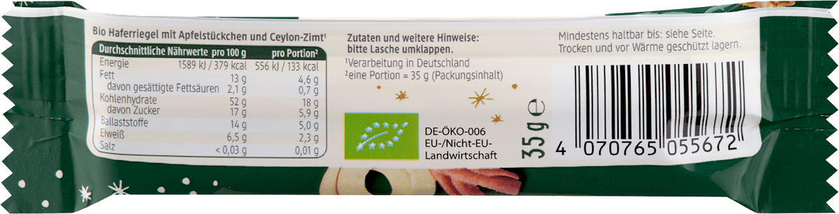 dmBio Haferriegel, Apfel & Zimt, 35 g