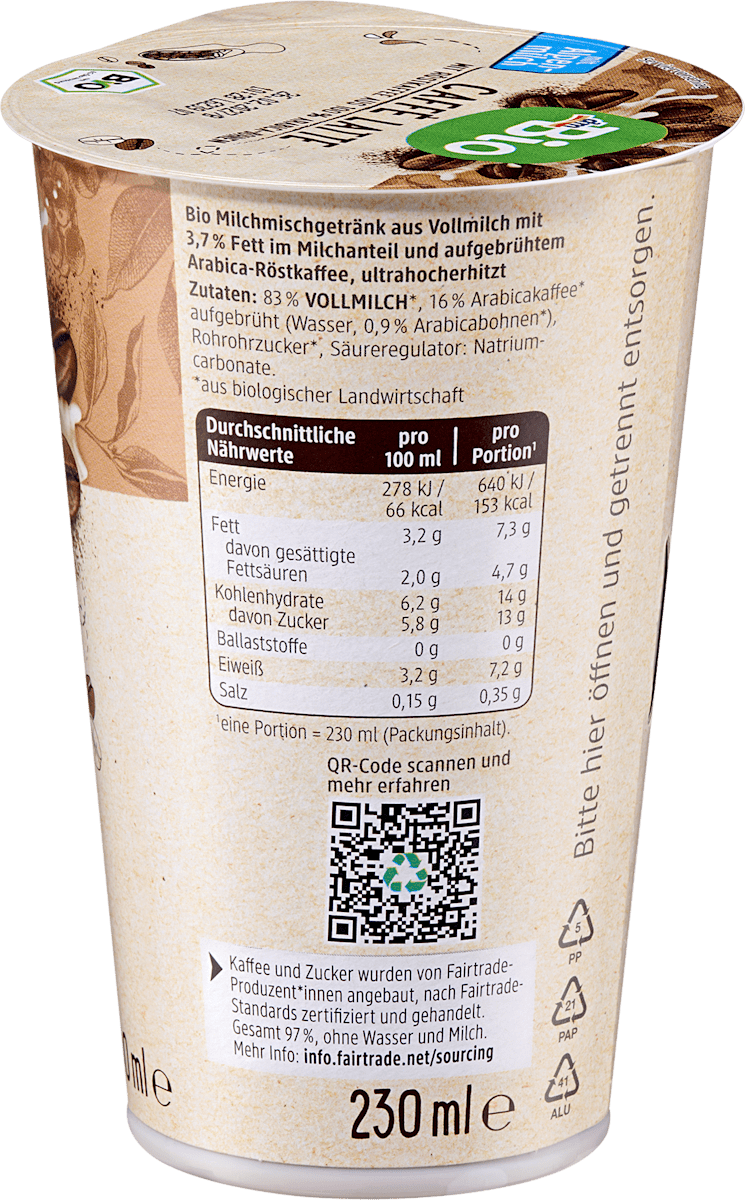 dmBio Kaffee, Caffé Latte, 230 ml