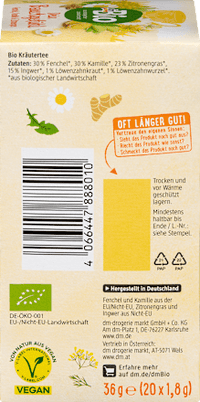 Kruidenthee "Your Gut Feeling" met venkel, kamille en citroengras (20 theezakjes), 36 g