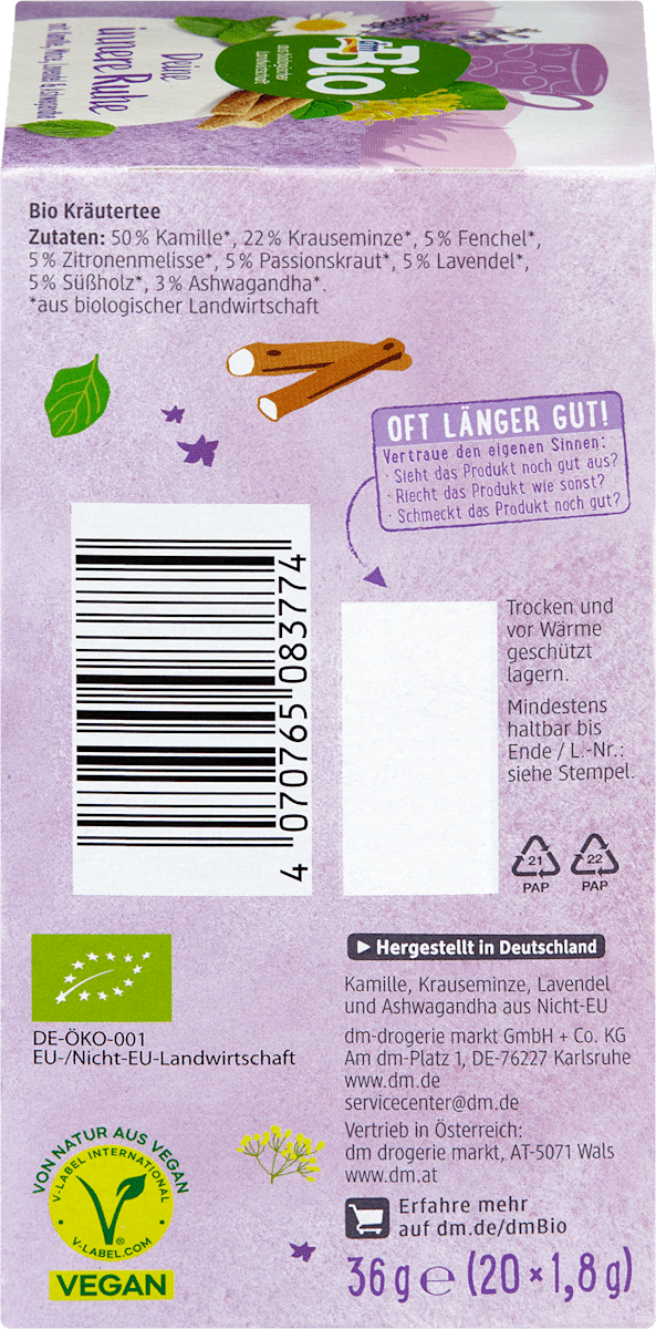 dmBio Infusion aux plantes, ta sérénité intérieure avec camomille, menthe, lavande & ashwagandha (20 sachets), 36 g