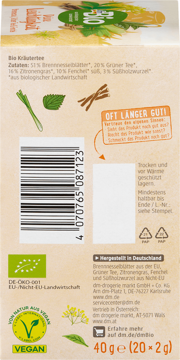 dmBio Kräutertee, Deine Leichtigkeit mit Brennnessel, Grüner Tee & Fenchel (20 Beutel), 40 g