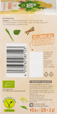 dmBio Kräutertee, Deine Leichtigkeit mit Brennnessel, Grüner Tee & Fenchel (20 Beutel), 40 g