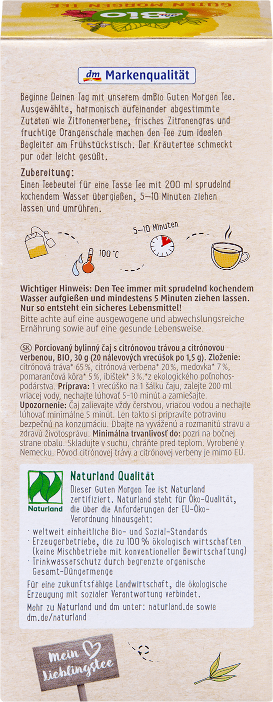 Tisane dmBio « Bonjour » au citronnelle et à la verveine citronnée (20 sachets), 30 g