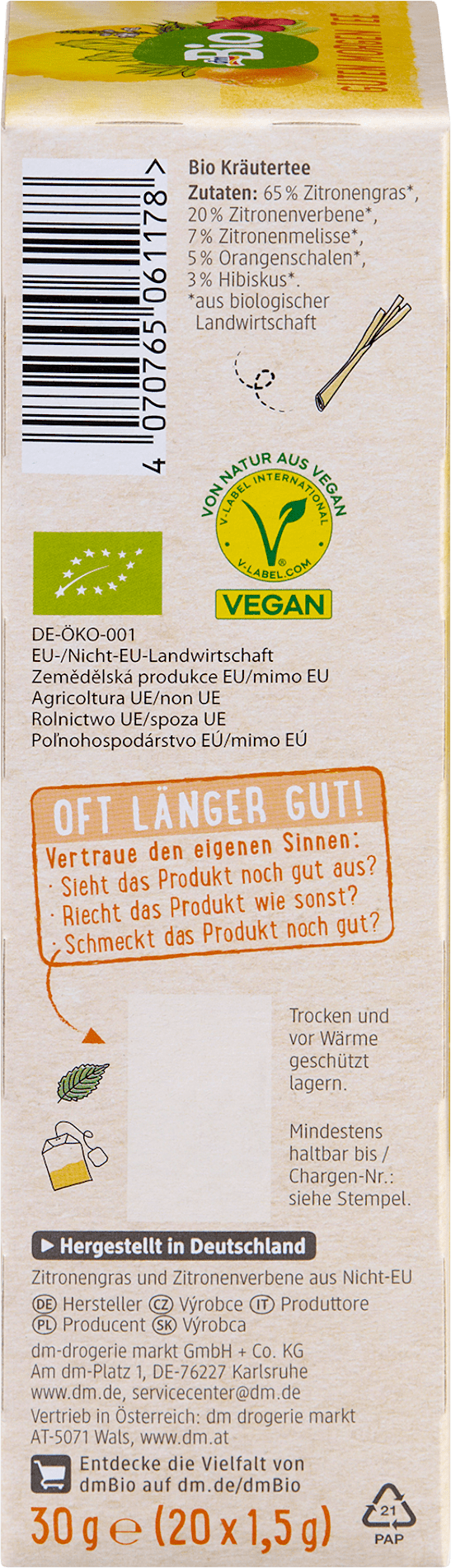 Tisane dmBio « Bonjour » au citronnelle et à la verveine citronnée (20 sachets), 30 g
