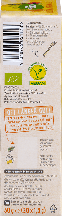Tisane dmBio « Bonjour » au citronnelle et à la verveine citronnée (20 sachets), 30 g