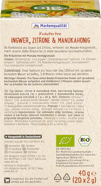 Kruidenthee gember, citroen &amp; manuka (20 theezakjes), 40 g
