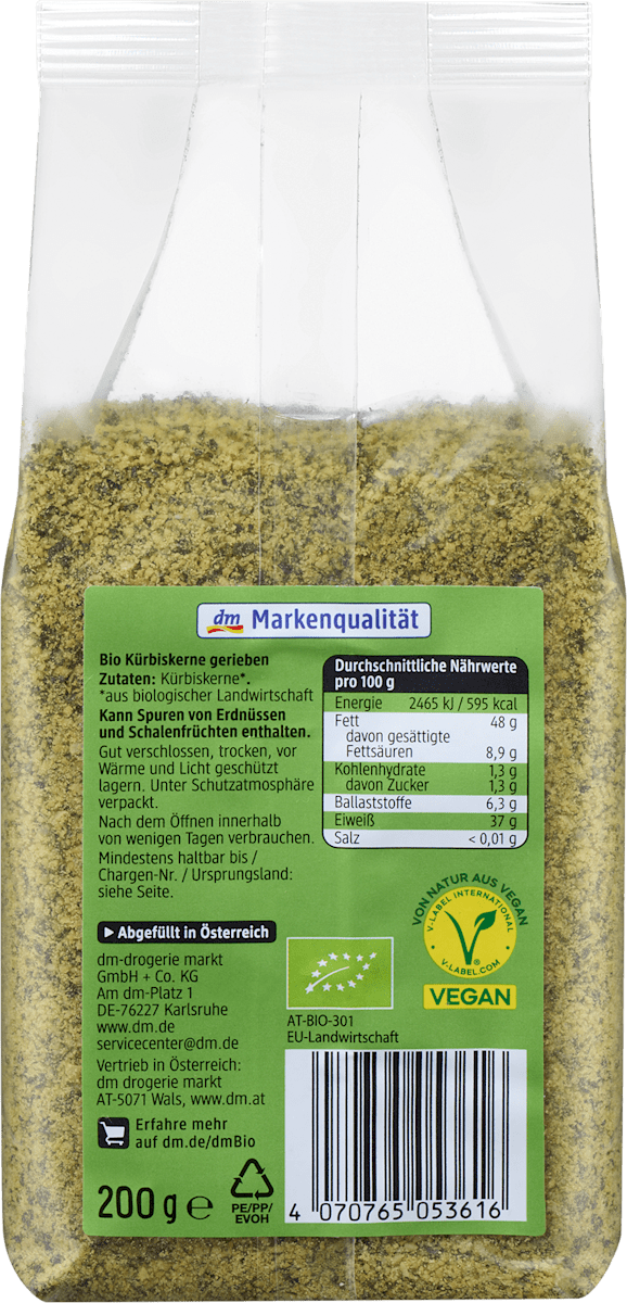 dmBio Kürbiskerne, gerieben, 200 g