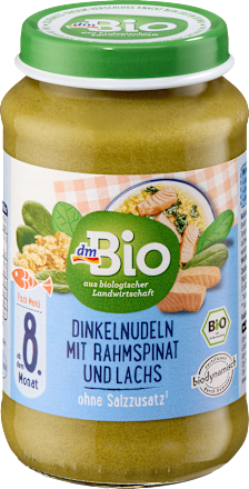 Menü Dinkelnudeln mit Rahmspinat und Lachs ab dem 8. Monat, 220 g
