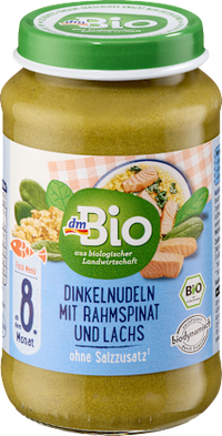 Menü Dinkelnudeln mit Rahmspinat und Lachs ab dem 8. Monat, 220 g