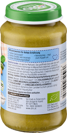 Menü Dinkelnudeln mit Rahmspinat und Lachs ab dem 8. Monat, 220 g