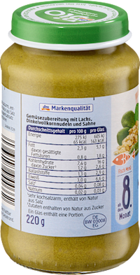 Menü Dinkelnudeln mit Rahmspinat und Lachs ab dem 8. Monat, 220 g