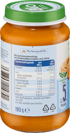 Menü Dinkelpasta mit Gemüsesauce ab dem 5. Monat, 190 g