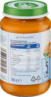 Menü Dinkelpasta mit Gemüsesauce ab dem 5. Monat, 190 g