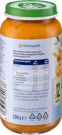 Menü Dinkelspaghetti mit Linsenbolognese, ab dem 12.Monat, 250 g