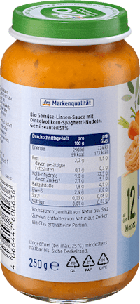 Menü Dinkelspaghetti mit Linsenbolognese, ab dem 12.Monat, 250 g