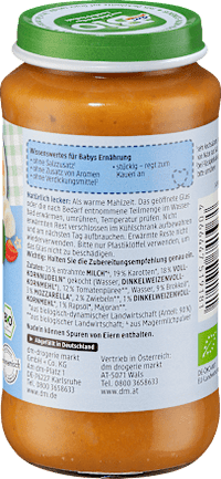 Menü Gemüse mit Dinkelnudeln und Mozzarella ab dem 12. Monat, 250 g