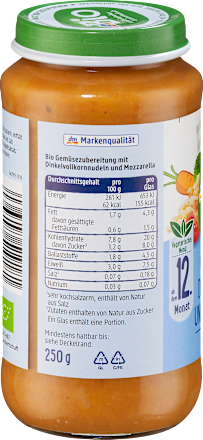 Menü Gemüse mit Dinkelnudeln und Mozzarella ab dem 12. Monat, 250 g