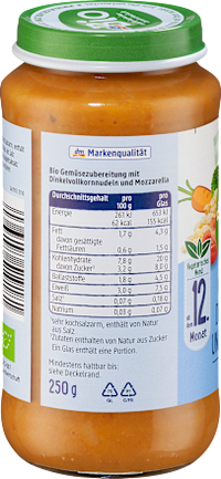 Menü Gemüse mit Dinkelnudeln und Mozzarella ab dem 12. Monat, 250 g