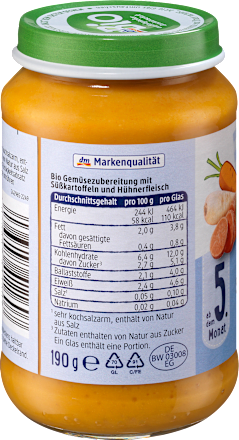 Menü Gemüse mit Süßkartoffeln und Huhn ab dem 5. Monat, 190 g