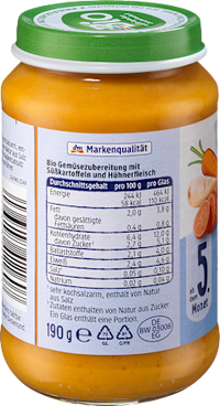 Menü Gemüse mit Süßkartoffeln und Huhn ab dem 5. Monat, 190 g