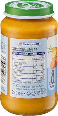Menü Karotten mit Süßkartoffeln und Rind ab dem 8. Monat, 220 g