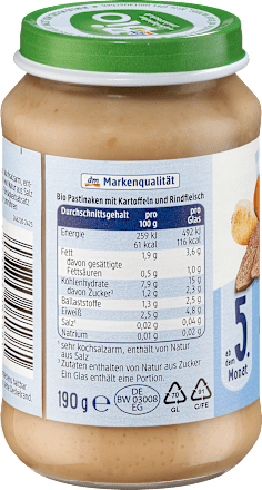 Menü Pastinaken mit Kartoffeln und Rind ab dem 5. Monat, 190 g