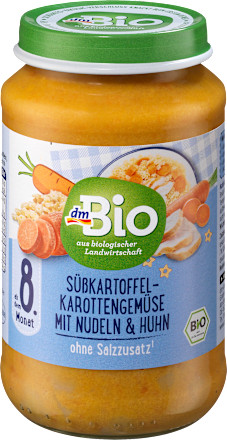 Menü Süßkartoffel-Karottengemüse mit Nudeln und Huhn, ab dem 8. Monat, 220 g