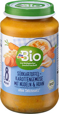 Menü Süßkartoffel-Karottengemüse mit Nudeln und Huhn, ab dem 8. Monat, 220 g