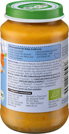 Menü Süßkartoffel-Karottengemüse mit Nudeln und Huhn, ab dem 8. Monat, 220 g