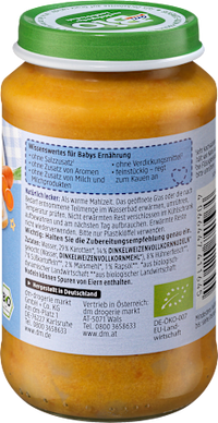 Menü Süßkartoffel-Karottengemüse mit Nudeln und Huhn, ab dem 8. Monat, 220 g