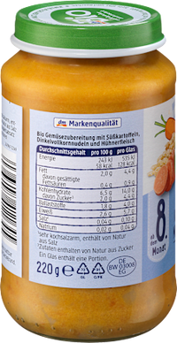 Menü Süßkartoffel-Karottengemüse mit Nudeln und Huhn, ab dem 8. Monat, 220 g