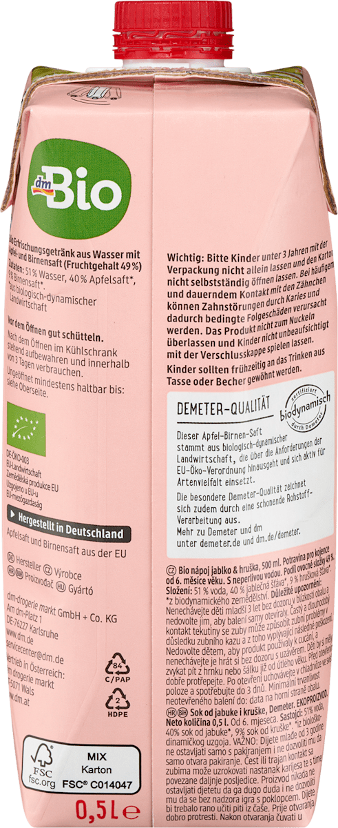 dmBio Saft Apfel-Birne mit stillem Wasser, ab dem 6. Monat, 500 ml